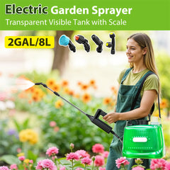 A woman in a garden sprayer backpack holding a long-handled electric garden sprayer, with a bright green tank bag and four nozzle attachments shown above. Text at the top reads 'Electric Garden Sprayer' and 'Transparent Visible Tank with Scale' and '2GAL/8L'.