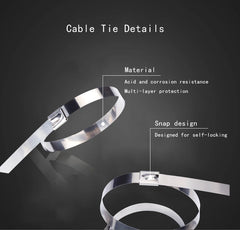 A metallic cable tie shown on a dark gray background with overlaid text labels reading 'Cable Tie Details,' 'Material,' and 'Snap design,' highlighting its reflective silver finish and self-locking snap feature.