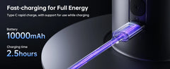 Fast-charging cable with 10000mAh battery and charging time of 2.5 hours on a dark background.