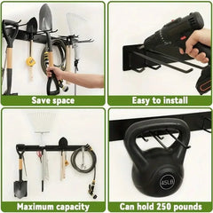 Wall-mounted tool organizer with various tools and text highlighting features.