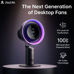 JisuLife desktop fan with features highlighted on a dark background