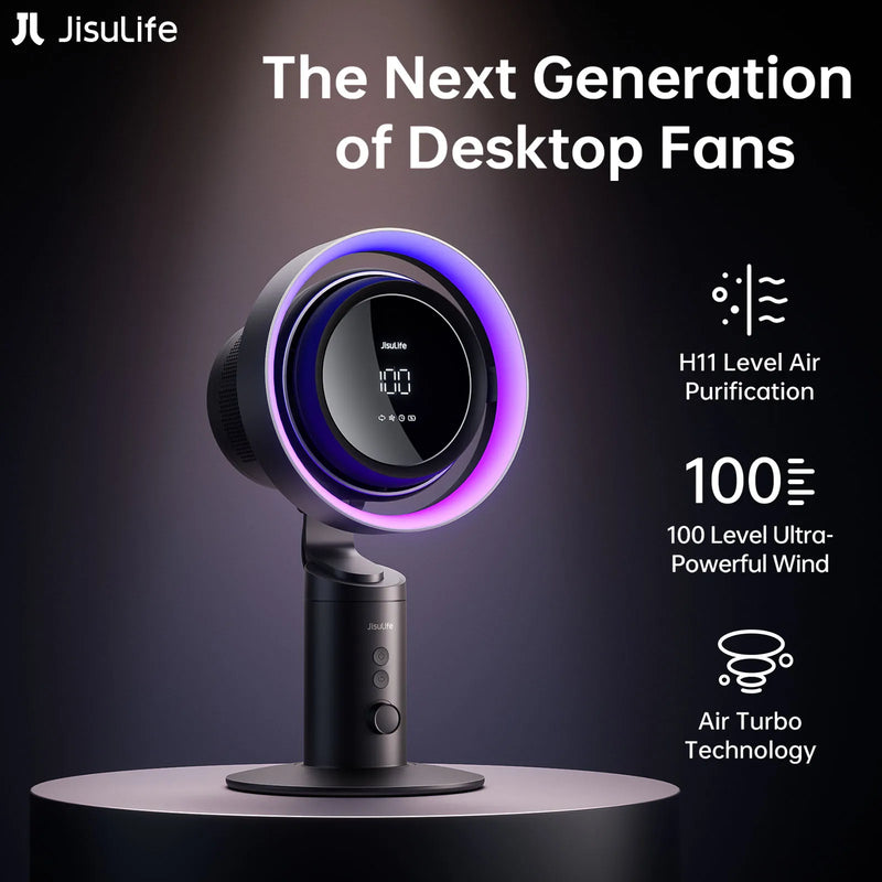 JisuLife desktop fan with features highlighted on a dark background