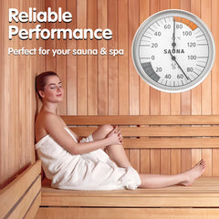 Woman in a sauna with a thermometer displaying 'Reliable Performance' text.