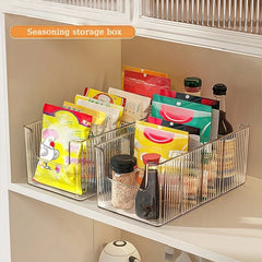 Clear Kitchen Storage Box with Detachable Dividers, Pantry Organizer Bin for Snacks Seasoning Packets, Cabinet Caddy Holder