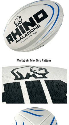 White rugby ball with black and blue graphics, featuring the text 'RHINO AVALANCHE' and a rhino logo. The image includes a close-up of the grip pattern and the text 'Multigrain Max Grip Pattern'.