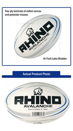 An inflatable rugby ball branded RHINO AVALANCHE, shown in a composite layout with a labeled technical inset at the top and an actual product photo below. The ball is white with black and blue graphics and text, including a rhino logo.