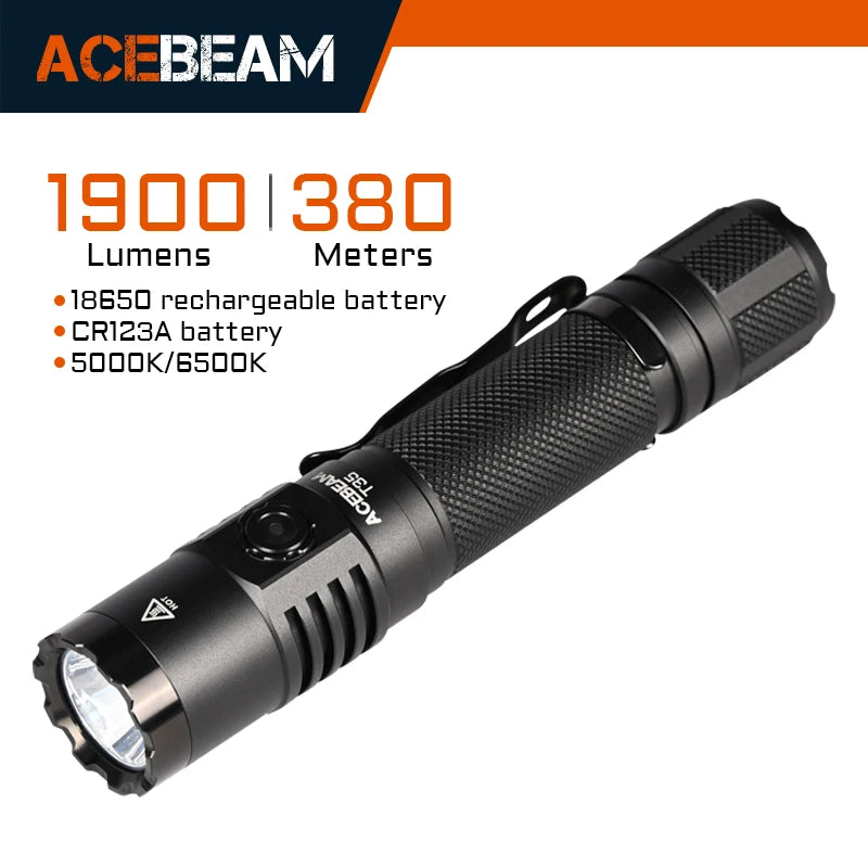 Acebeam flashlight with specifications on a white background