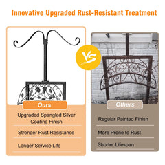 Comparison of upgraded rust-resistant treatment on decorative metal stand with text overlay.