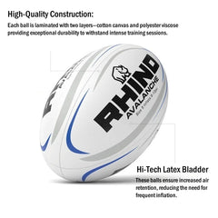 A white rugby ball with black and blue graphics, featuring the brand name 'RHINO AVALANCHE' and a rhino logo. The image includes descriptive text highlighting high-quality construction and a Hi-Tech Latex Bladder, set against a plain white background.