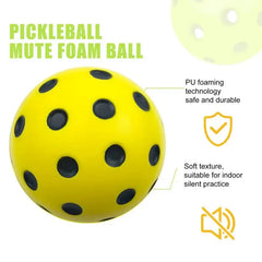 Yellow pickleball with black dots on a white background, featuring text about PU foaming technology and soft texture.