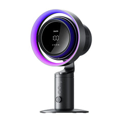 Black fan with digital display and colorful lighting on a white background