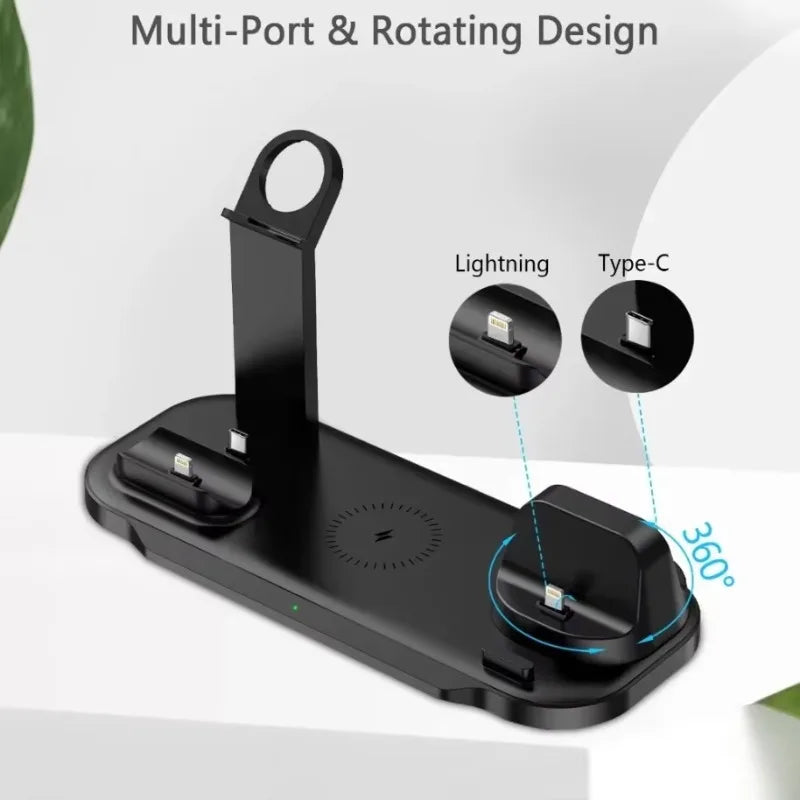 Black multi-port charging station with Lightning and Type-C connectors on a white background