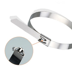 A stainless steel cable tie with a close-up inset showing the locking mechanism, on a plain white background.