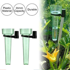 Two translucent light green plastic drip irrigation tubes with black connectors shown on a white background, alongside text callouts reading 'Plastic Material', '35mm Capacity', and 'Durable', plus a split lifestyle scene on the right showing the tubes in use in a garden with a yellow zucchini flower.