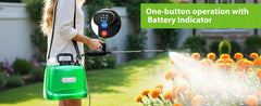 A woman outdoors spraying orange flowers with a green handheld pressure washer backpack. A green text banner reads 'One-button operation with Battery Indicator' and a circular inset shows the black battery control unit.