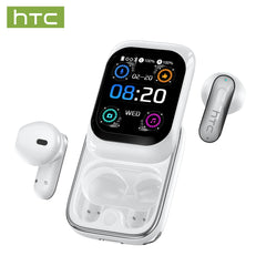 HTC wireless earbuds with charging case on a white background