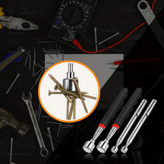 Set of screwdrivers with a close-up inset showing screws on a dark background with tools.