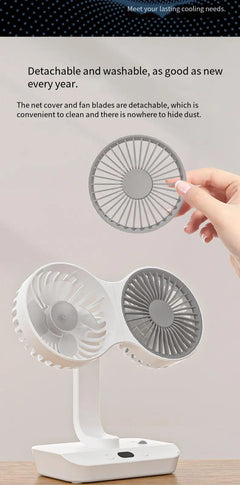 Double Head Desktop Oscillating Fan USB Rechargeable 4000mAh Battery Powered Portable Automatic Rotating Table Fan 4 Gear Wind