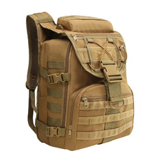 Tan tactical backpack on a white background