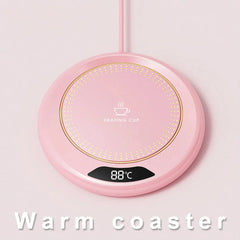 Pink warm coaster with digital display on a light pink background
