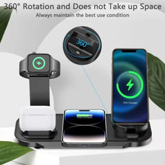 A 4-in-1 wireless charging dock shown with a black smartphone, white earbud case, and black smartwatch on its charging platforms. The image includes a circular inset showing the 360-degree rotation feature and text at the top describing its space-saving design.