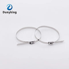 Two stainless steel cable ties on a white background with the Dunyking brand logo in the top left corner.