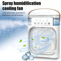 Spray humidification cooling fan with text on a blue background