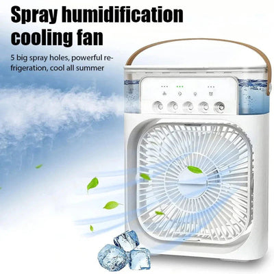 Spray humidification cooling fan with text on a blue background