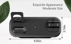 Black multi-device wireless charging dock with dimensions labeled 9.05 inches by 3.