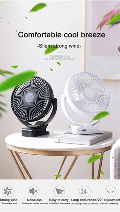 Two portable fans on a table with text about comfort and features.