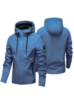 A men's hooded jacket shown from both the front and back views. The jacket is a medium dusty blue color with black drawstrings, black zipper details, and a small white vertical graphic on the left chest.