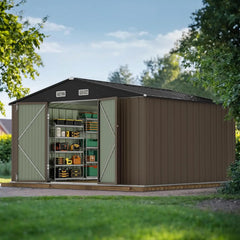 Brown metal storage shed with tools and equipment inside, surrounded by greenery.