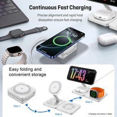 Wireless charging station with smartphone, smartwatch, and fitness tracker on a light gray background.