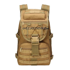 A tan tactical backpack with multiple zippered compartments, MOLLE webbing, and a central buckle strap, shown against a plain white background.