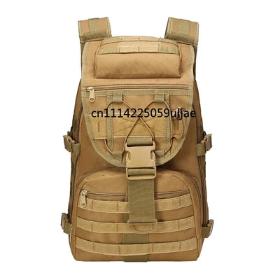 A tan tactical backpack with multiple zippered compartments, MOLLE webbing, and a central buckle strap, shown against a plain white background.