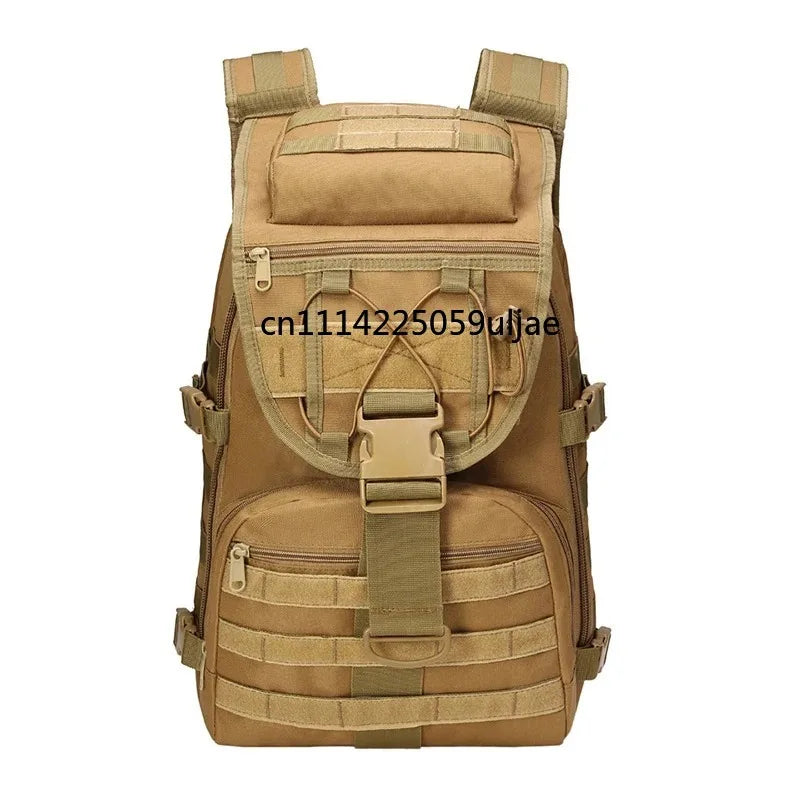 A tan tactical backpack with multiple zippered compartments, MOLLE webbing, and a central buckle strap, shown against a plain white background.