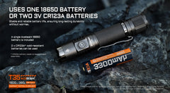 A black tactical flashlight labeled ACMEBEAM T35 is shown on dark textured rocks next to an orange and black RAMOZ battery, with white text explaining battery options.
