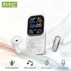 White wireless earbuds with charging case featuring HTC branding on a white background.