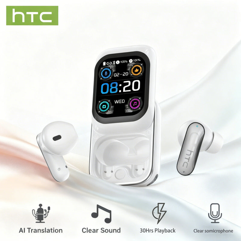 White wireless earbuds with charging case featuring HTC branding on a white background.