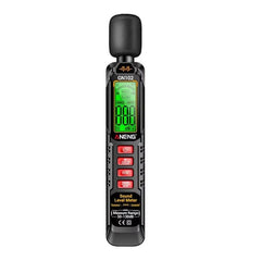 A Neng GN102 Sound Level Meter with a black body, a green backlit LCD screen, and red buttons, shown against a plain white background.