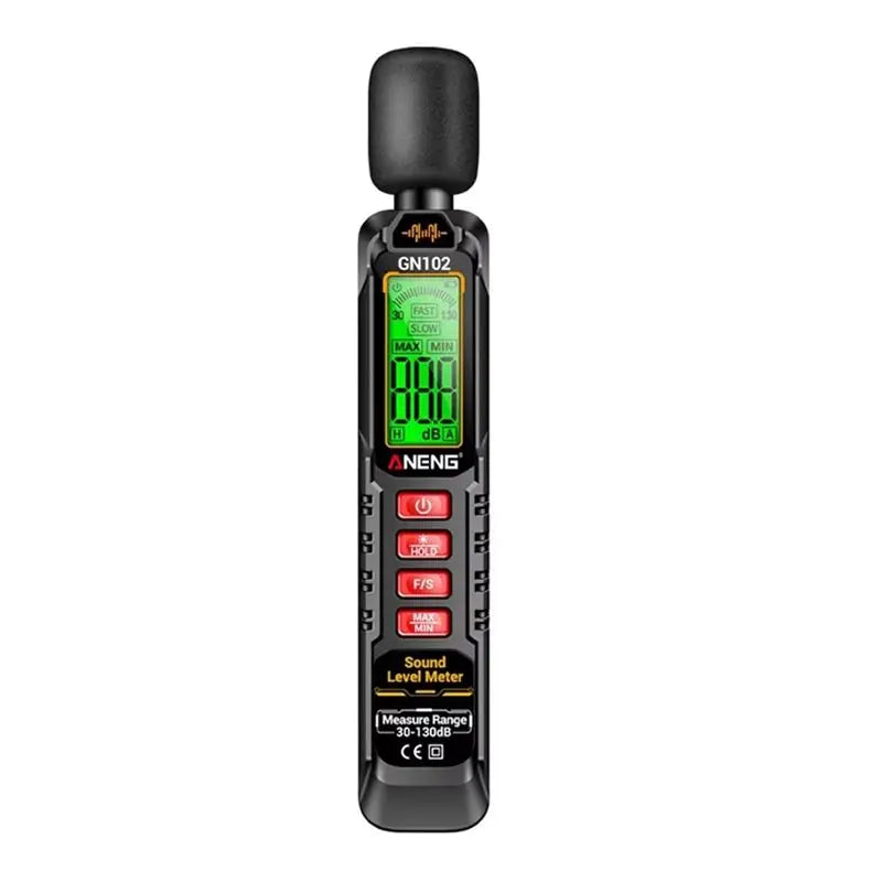 A Neng GN102 Sound Level Meter with a black body, a green backlit LCD screen, and red buttons, shown against a plain white background.