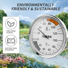 Sahna environmental thermometer with outdoor scenery and sustainability features.