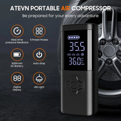 ATEVN portable air compressor with digital display and features listed on a dark background
