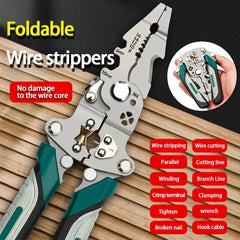 Foldable wire strippers with multiple functions on a wooden background