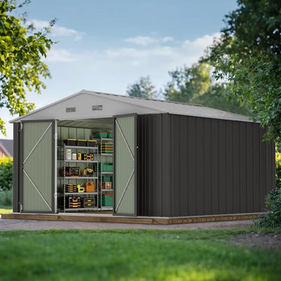 Metal storage shed with open door showing organized shelves and items, surrounded by greenery.