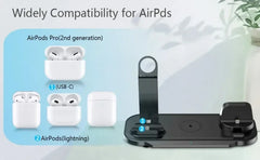 A black multi-device wireless charging stand shown with labeled compatibility callouts for AirPods Pro (2nd generation) in USB-C and Lightning modes on a pale blue graphic background.