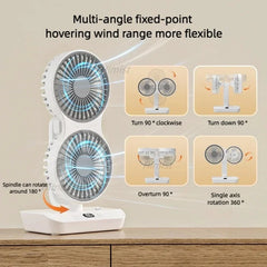 Portable fan with multi-angle hovering capabilities on a wooden surface