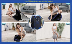 A 4-panel collage demonstrating a foldable portable camping tent in use by a woman in a living room, with an inset showing the folded black and blue tent and a blue border reading 'Foldable & Portable & Save Space'.