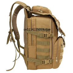 A tan tactical backpack with multiple zippered compartments, MOLLE webbing, and padded shoulder straps, shown against a plain white background.