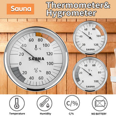 Set of sauna thermometers and hygrometers on a wooden background